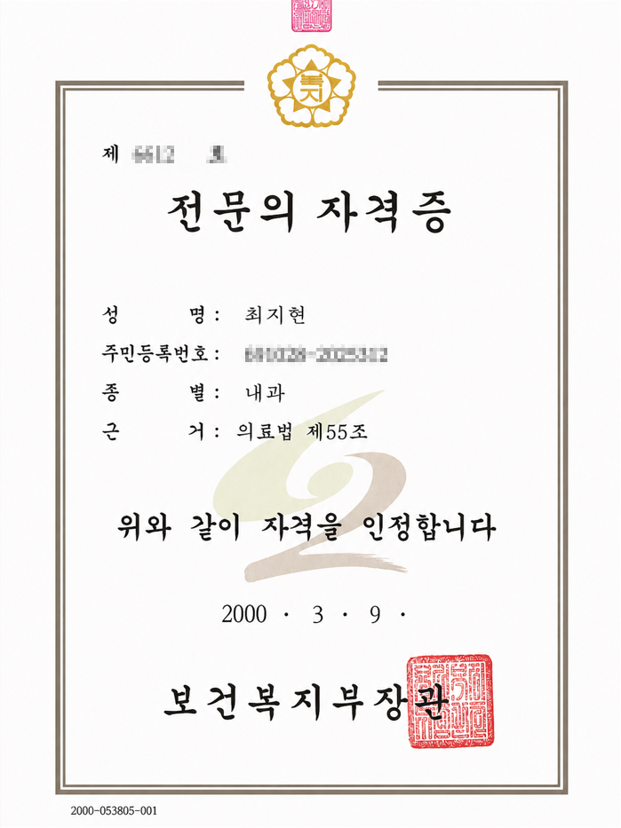2000년 내과 전문의 자격증